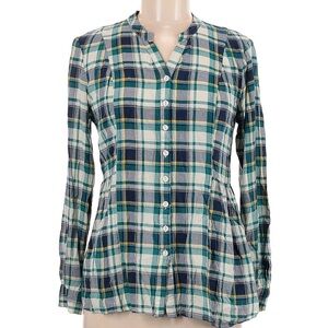 Vintage ModCloth Y2K Green Blue Cream Plaid Button Down Shirt Women’s Size M